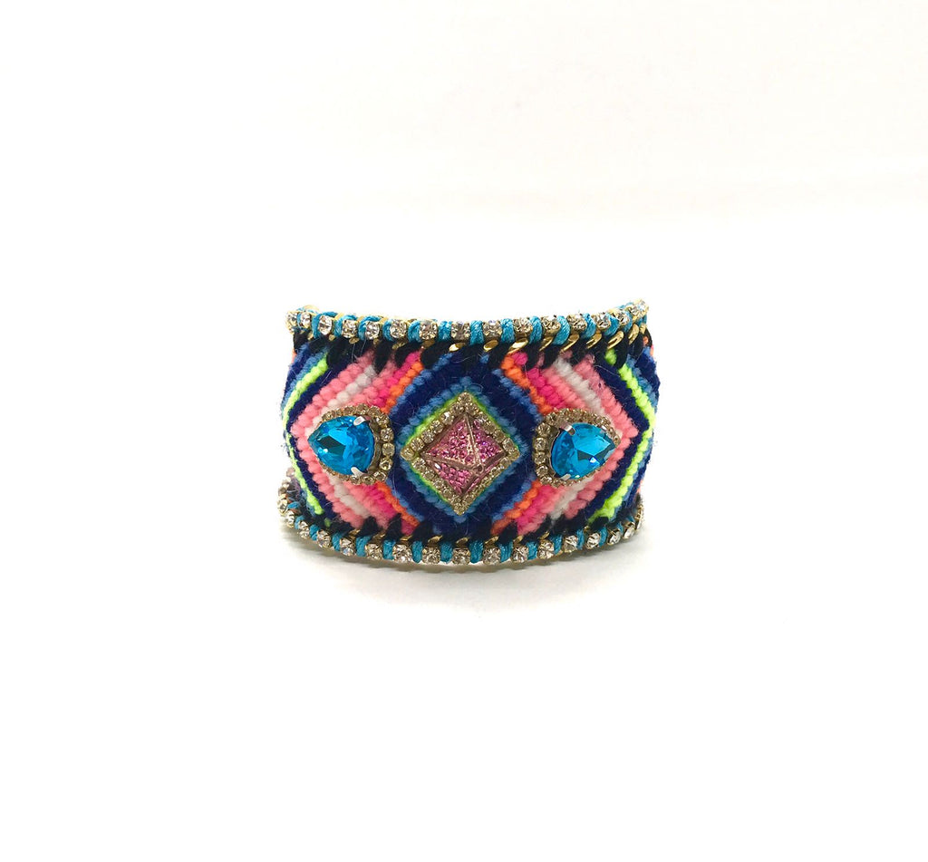 Luxury friendship bracelet- blue pink mix- turquoise crystal- light blue ribbon