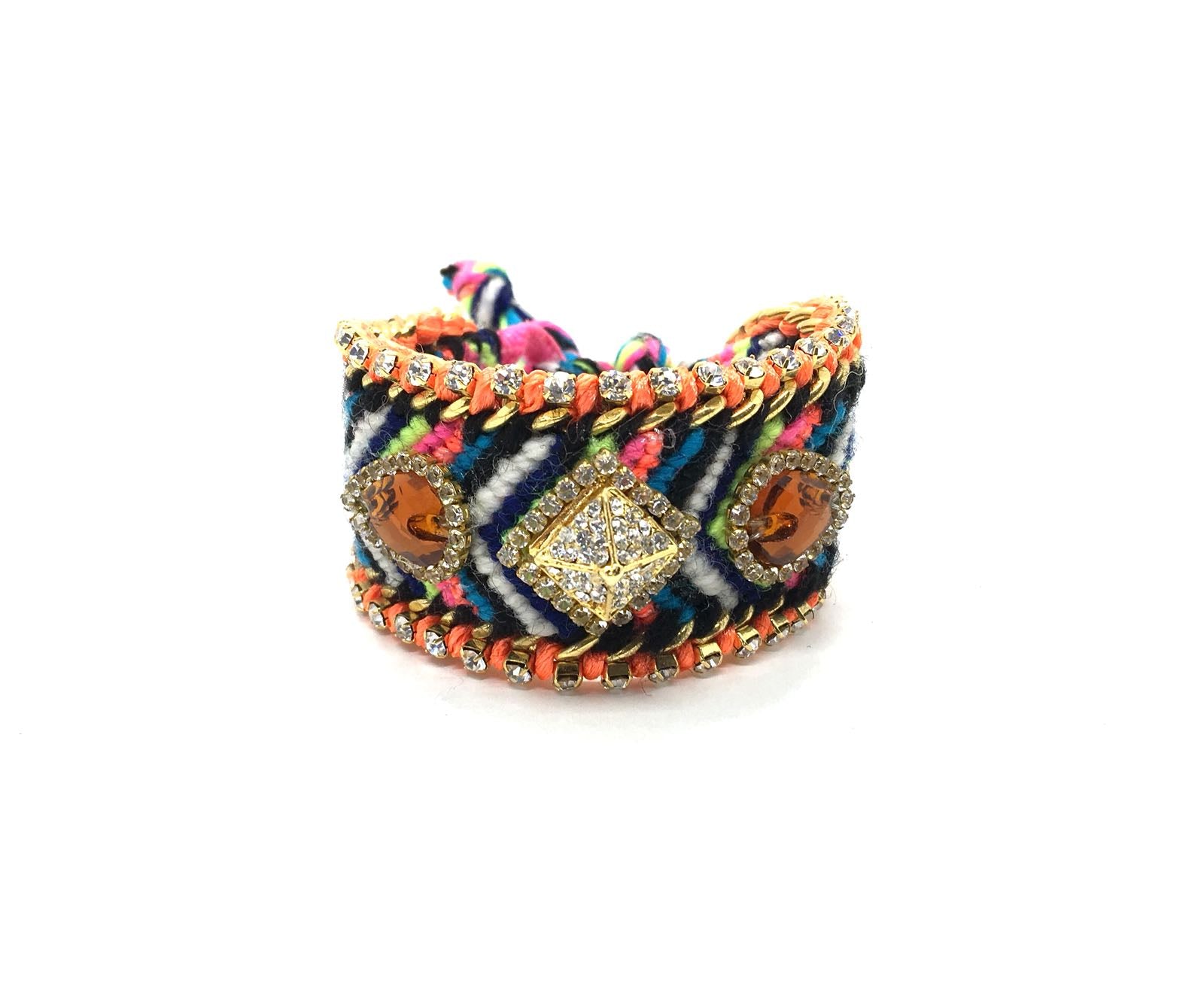 Luxury friendship bracelet- fluorescent rainbow mix- brown crystal- orange ribbon