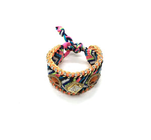 Luxury friendship bracelet- fluorescent rainbow mix- brown crystal- orange ribbon