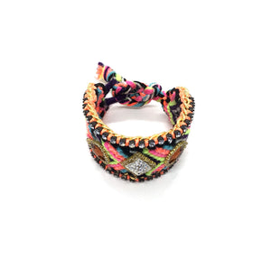 Luxury friendship bracelet- fluorescent rainbow yellow mix- brown crystal- orange ribbon