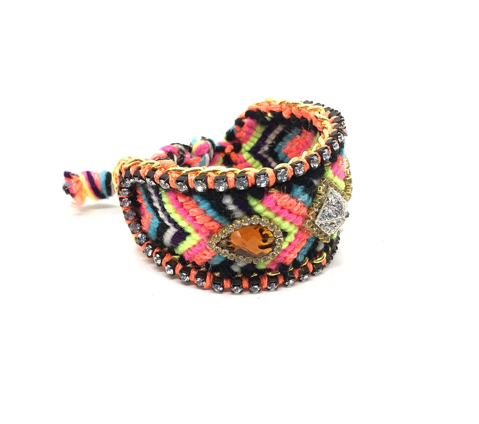 Luxury friendship bracelet- fluorescent rainbow yellow mix- brown crystal- orange ribbon