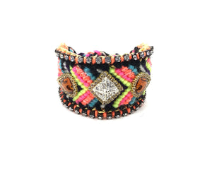 Luxury friendship bracelet- fluorescent rainbow yellow mix- brown crystal- orange ribbon