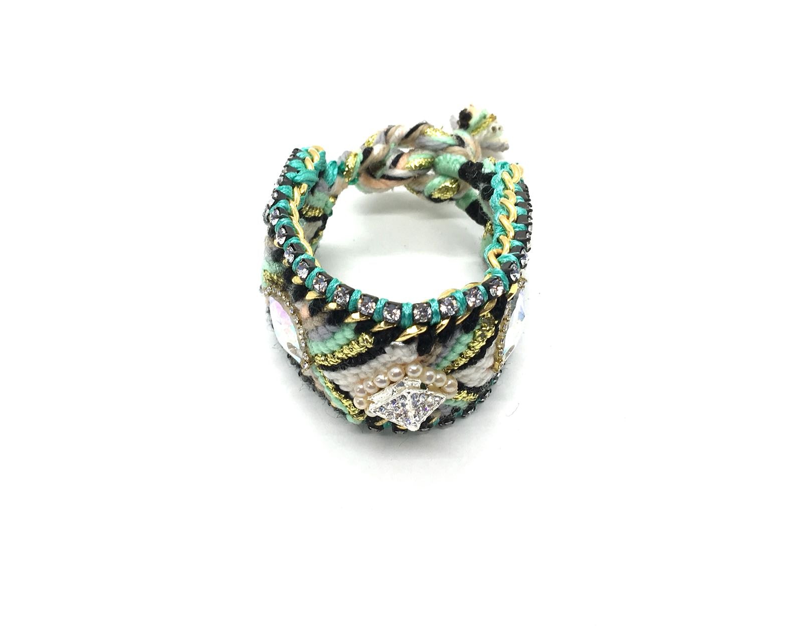 Luxury friendship bracelet- mint white mix- AB crystal- turquoise ribbon