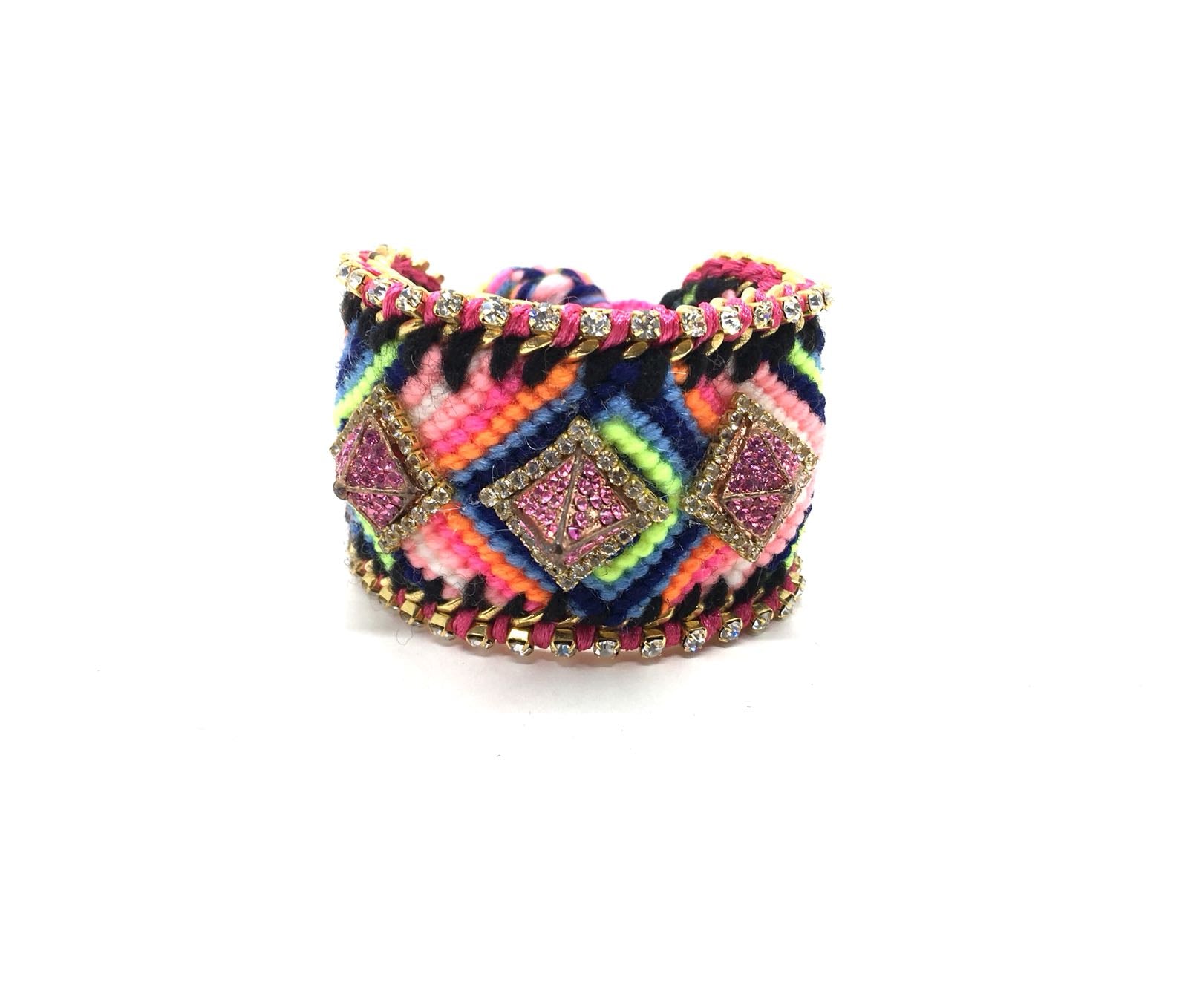 Luxury friendship bracelet- navy pink mix- pink pyramid crystal- pink ribbon