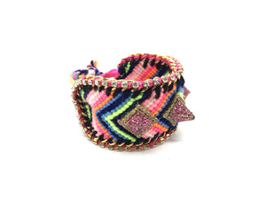 Luxury friendship bracelet- navy pink mix- pink pyramid crystal- pink ribbon