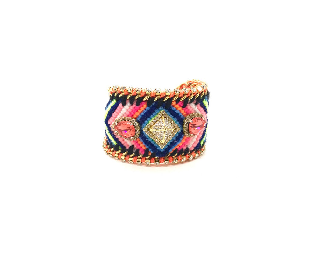 Luxury friendship bracelet- blue pink mix- salmon and white crystal- orange ribbon