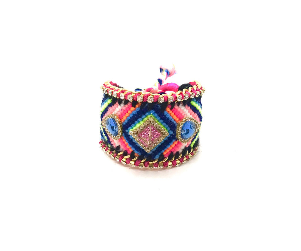 Luxury friendship bracelet- blue pink mix- light blue crystal- pink ribbon